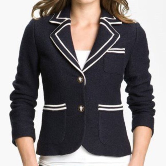 Tory Burch Amara Trimmed Navy Nautical Wool Blazer Jacket Small Old Money Office - Picture 1 of 11
